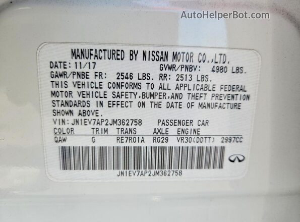 JN1EV7AP2JM362758 2018 INFINITI Q50 White Շարժիչի բաժամունքի տեսք