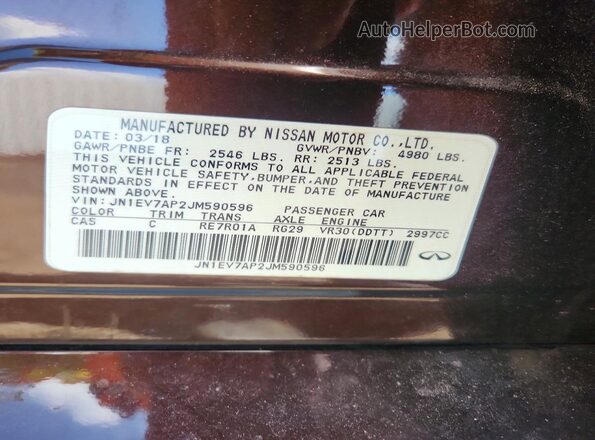 JN1EV7AP2JM590596 2018 INFINITI Q50 Brown VIN კოდის სტიკერის ხედი