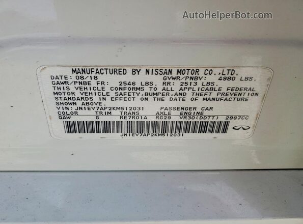 JN1EV7AP2KM512031 2019 INFINITI Q50 Белый Вид наклейки с VIN-кодом