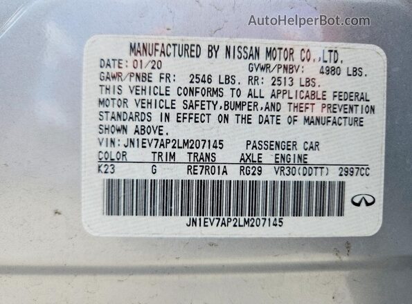 JN1EV7AP2LM207145 2020 INFINITI Q50 Silver VIN կոդի պիտակի տեսք