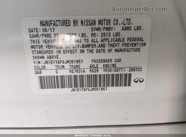 JN1EV7AP4JM351857 2018 INFINITI Q50 White Շարժիչի բաժամունքի տեսք