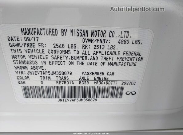 JN1EV7AP5JM358879 2018 INFINITI Q50 White ძრავის განყოფილების ხედი