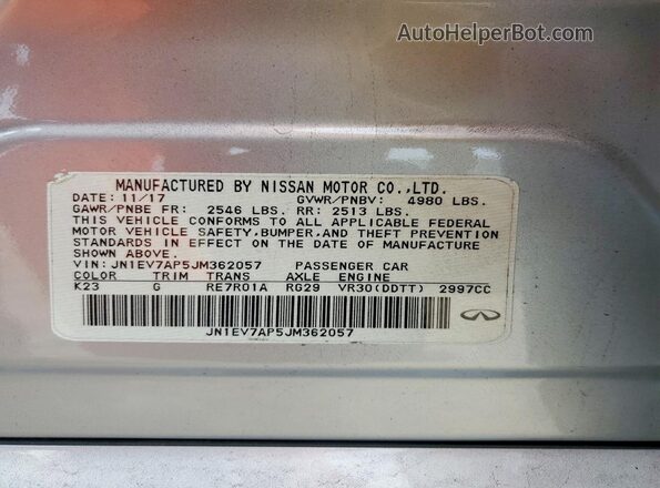 JN1EV7AP5JM362057 2018 INFINITI Q50 Silver VIN կոդի պիտակի տեսք