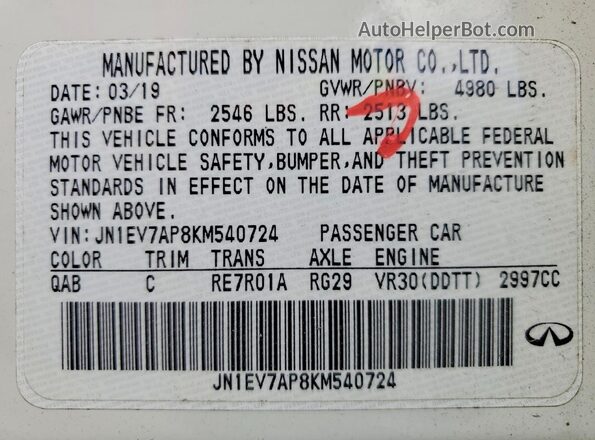 JN1EV7AP8KM540724 2019 INFINITI Q50 White Engine compartment view
