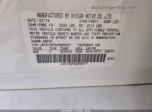 JN1EV7AP9LM200077 2020 INFINITI Q50 White ძრავის განყოფილების ხედი