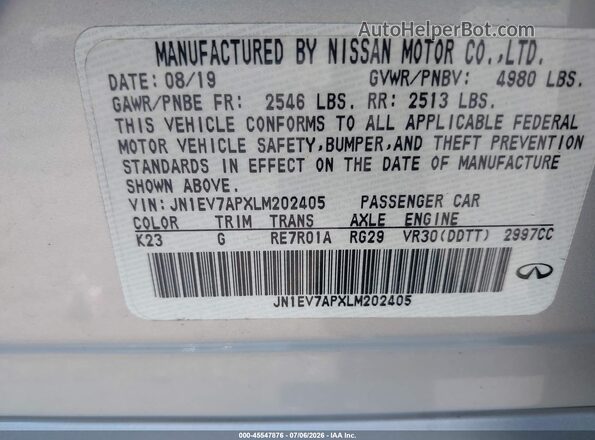 JN1EV7APXLM202405 2020 INFINITI Q50 Gray Engine compartment view