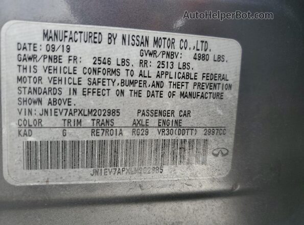 JN1EV7APXLM202985 2020 INFINITI Q50 Gray Vista del compartimento del motor
