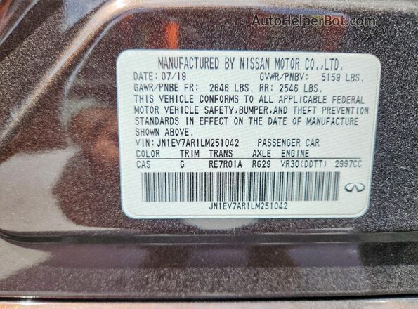 JN1EV7AR1LM251042 2020 INFINITI Q50 Brown Widok naklejki z numerem VIN