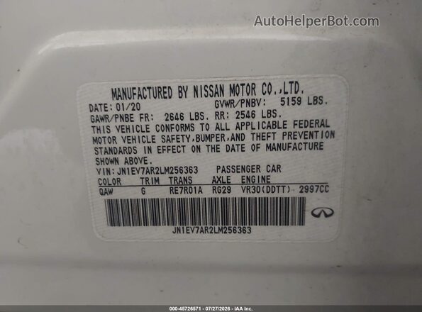 JN1EV7AR2LM256363 2020 INFINITI Q50 White Вид підкапотного простору