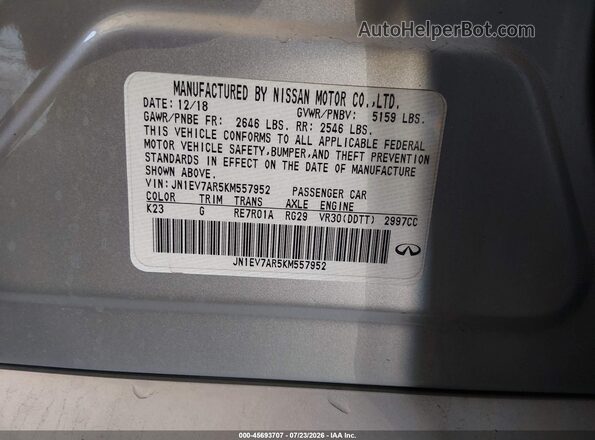 JN1EV7AR5KM557952 2019 INFINITI Q50 Серебряный Вид подкапотного пространства