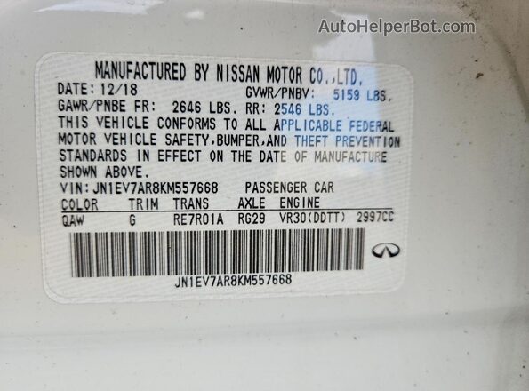 JN1EV7AR8KM557668 2019 INFINITI Q50 White VIN კოდის სტიკერის ხედი