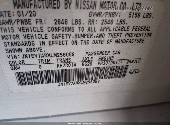 JN1EV7ARXLM256059 2020 INFINITI Q50 White Вид підкапотного простору