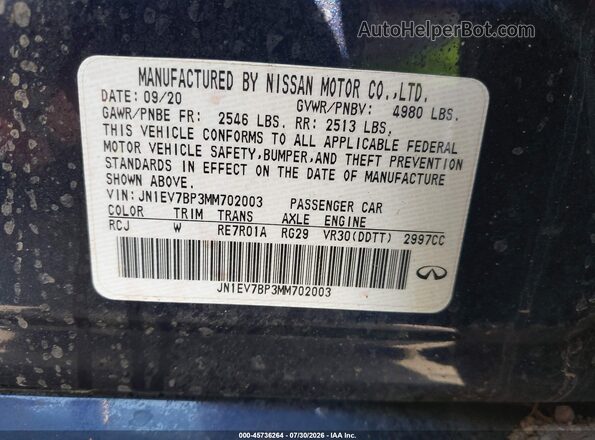 JN1EV7BP3MM702003 2021 INFINITI Q50 Blue ძრავის განყოფილების ხედი