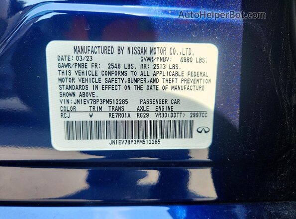 JN1EV7BP3PM512285 2023 INFINITI Q50 Blue Vista de la etiqueta del VIN