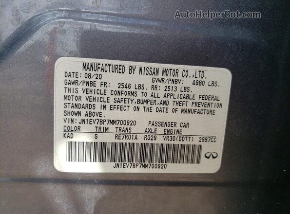 JN1EV7BP7MM700920 2021 INFINITI Q50 Gray VIN კოდის სტიკერის ხედი