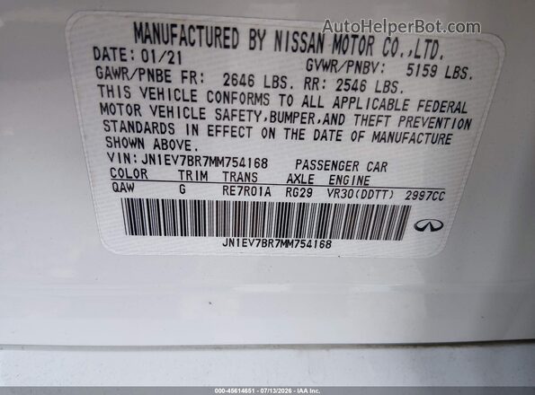 JN1EV7BR7MM754168 2021 INFINITI Q50 Белый Вид подкапотного пространства