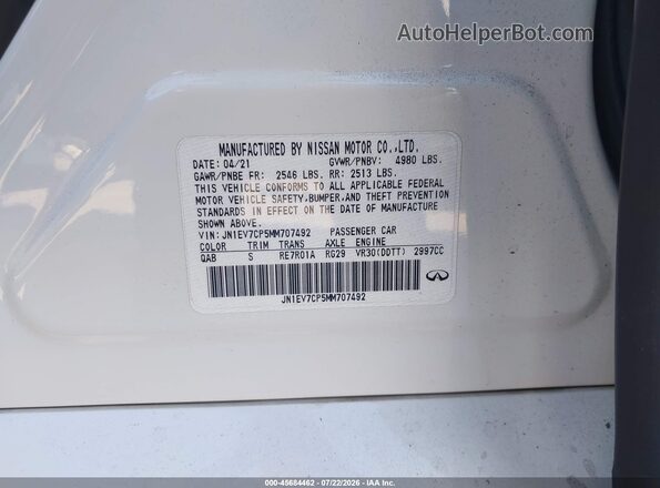 JN1EV7CP5MM707492 2021 INFINITI Q50 White Vista del compartimento del motor