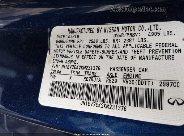 JN1EV7EK2KM231376 2019 INFINITI Q60 Blue Widok komory silnika