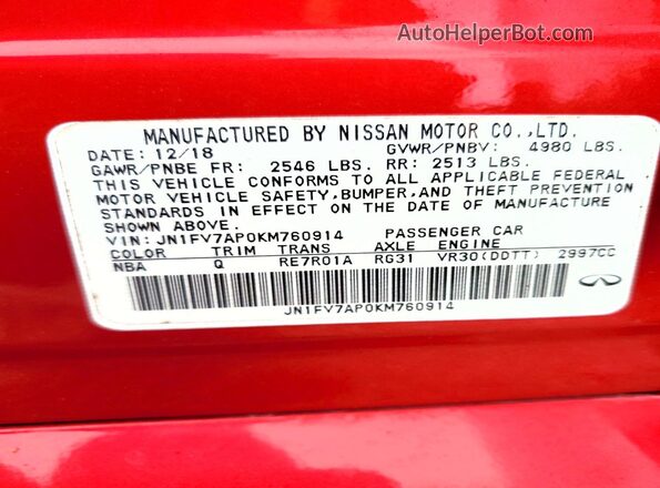 JN1FV7AP0KM760914 2019 INFINITI Q50 Red Widok komory silnika