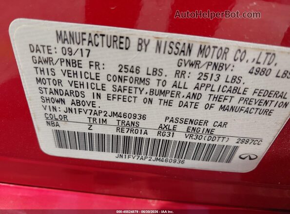 JN1FV7AP2JM460936 2018 INFINITI Q50 Red ძრავის განყოფილების ხედი