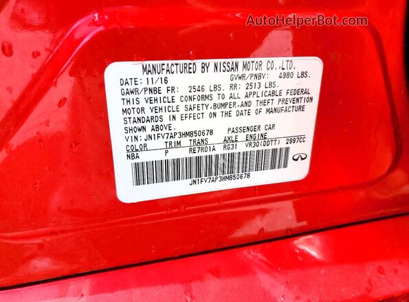 JN1FV7AP3HM850678 2017 INFINITI Q50 Красный Вид наклейки с VIN-кодом