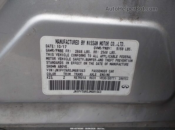 JN1FV7AR0JM481043 2018 INFINITI Q50 Silver Շարժիչի բաժամունքի տեսք