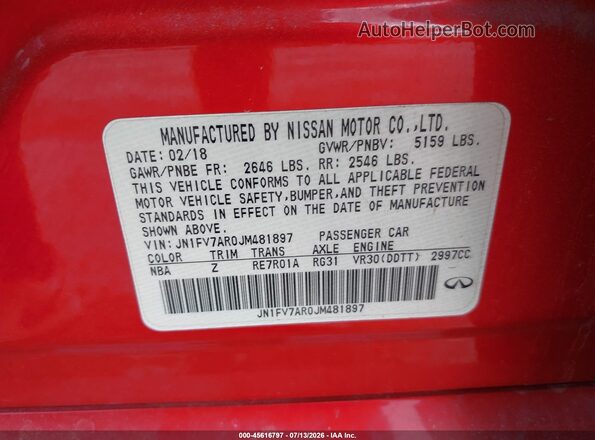 JN1FV7AR0JM481897 2018 INFINITI Q50 Red Widok komory silnika