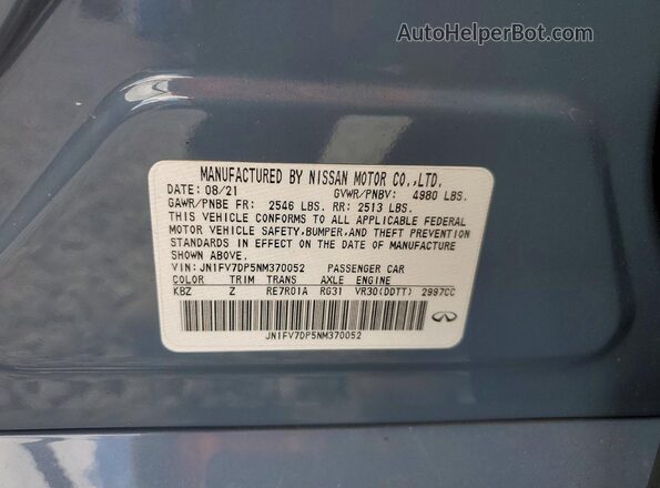 JN1FV7DP5NM370052 2022 INFINITI Q50 Blue Vista del compartimento del motor