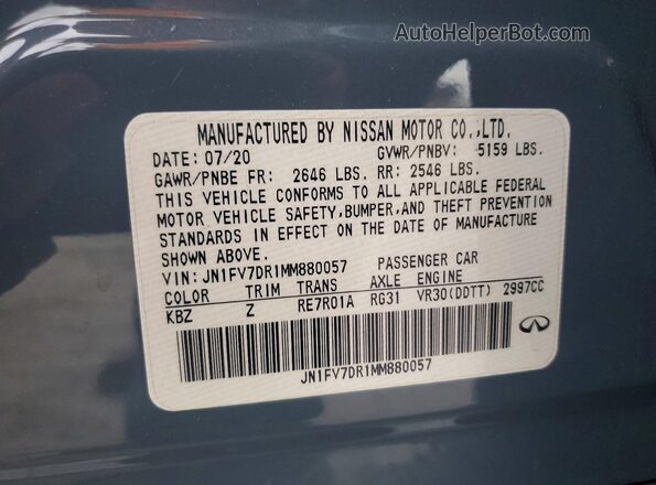 JN1FV7DR1MM880057 2021 INFINITI Q50 Blue VIN კოდის სტიკერის ხედი