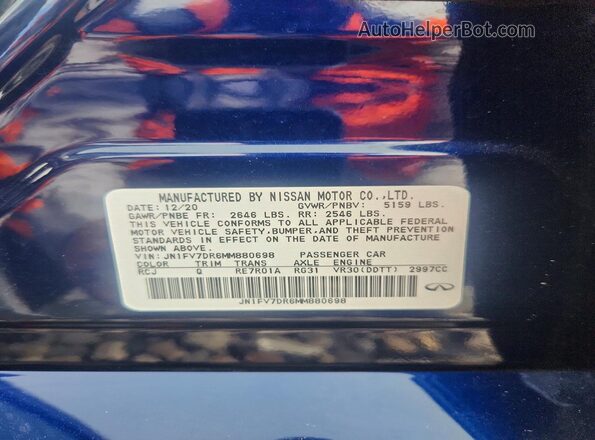 JN1FV7DR6MM880698 2021 INFINITI Q50 Blue Vista del compartimento del motor