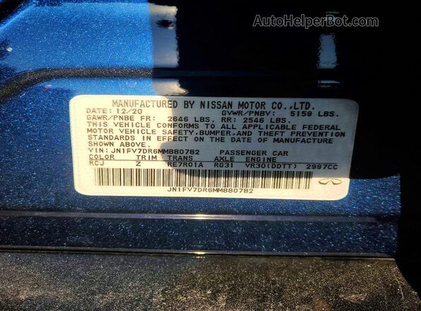 JN1FV7DR6MM880782 2021 INFINITI Q50 Blue VIN կոդի պիտակի տեսք