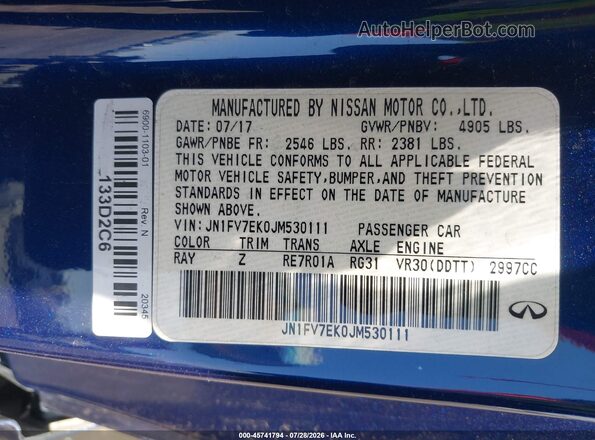 JN1FV7EK0JM530111 2018 INFINITI Q60 Blue Widok komory silnika