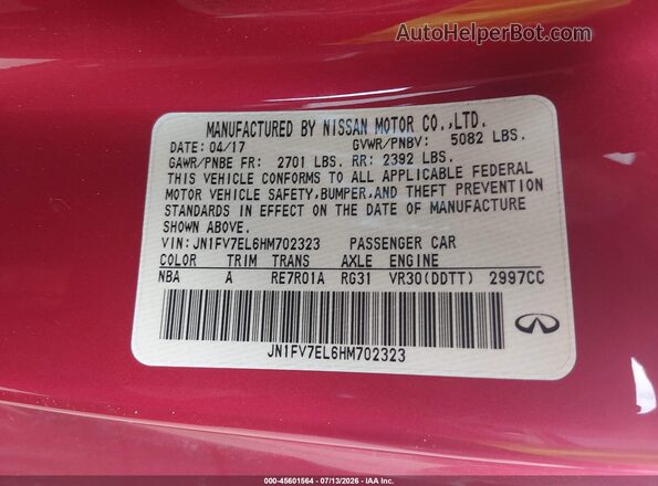 JN1FV7EL6HM702323 2017 INFINITI Q60 Red Շարժիչի բաժամունքի տեսք