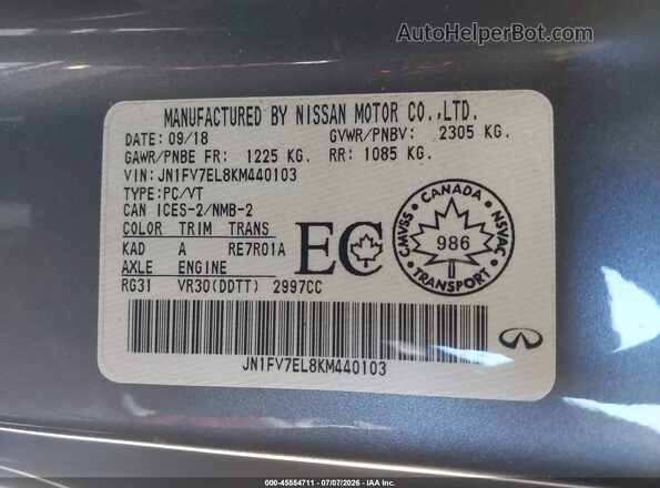 JN1FV7EL8KM440103 2019 INFINITI Q60 Gray Շարժիչի բաժամունքի տեսք