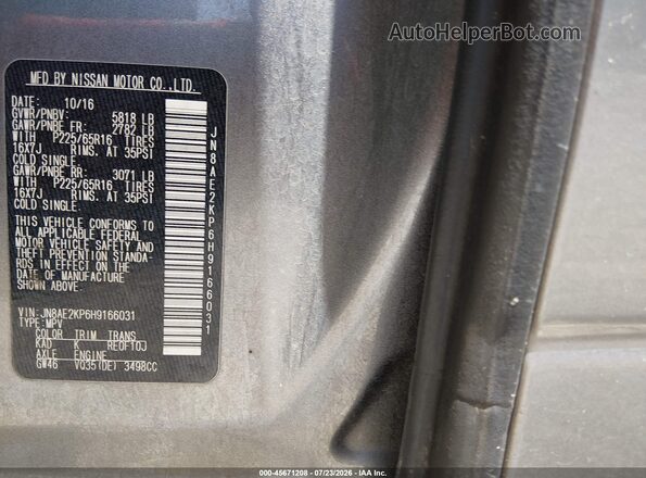JN8AE2KP6H9166031 2017 NISSAN QUEST Gray Շարժիչի բաժամունքի տեսք