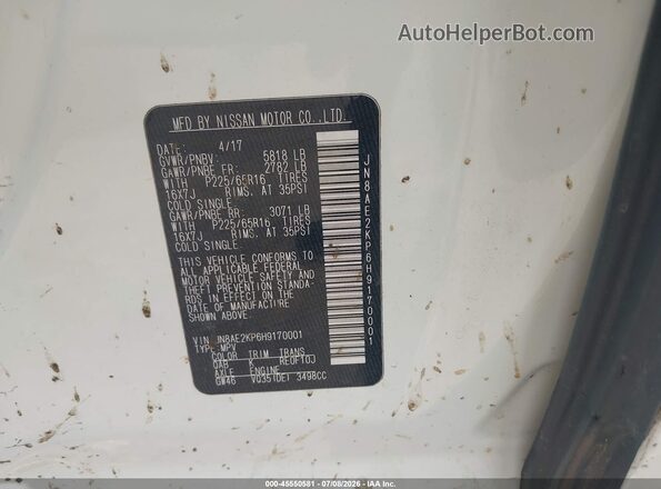 JN8AE2KP6H9170001 2017 NISSAN QUEST White Вид підкапотного простору