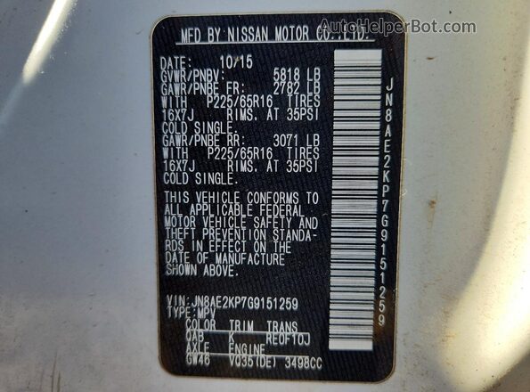 JN8AE2KP7G9151259 2016 NISSAN QUEST White VIN sticker view