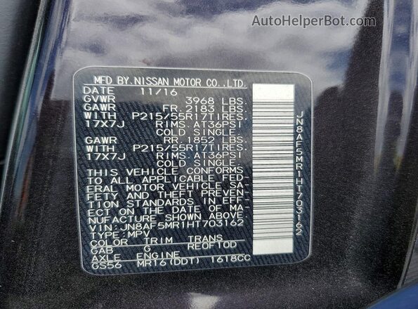JN8AF5MR1HT703162 2017 NISSAN JUKE Purple VIN կոդի պիտակի տեսք