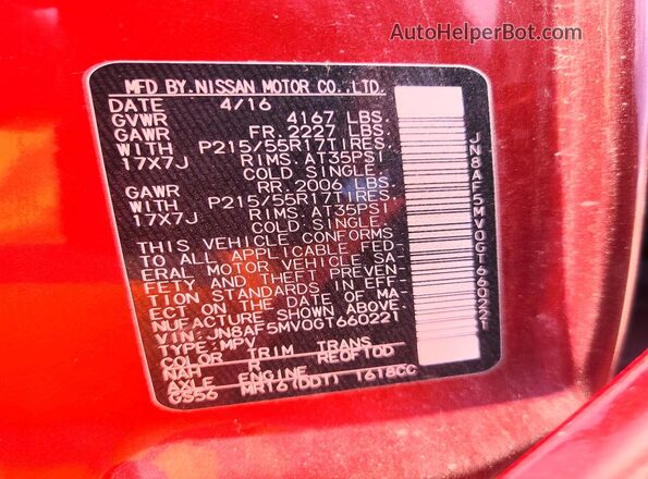 JN8AF5MV0GT660221 2016 NISSAN JUKE Burgundy VIN sticker view