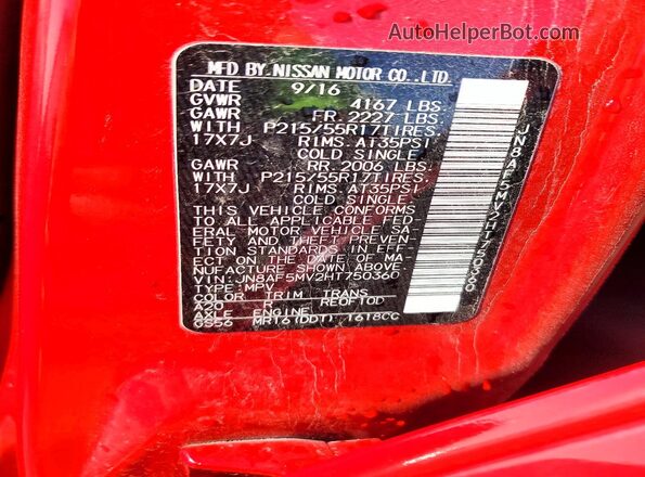 JN8AF5MV2HT750360 2017 NISSAN JUKE Red Vista de la etiqueta del VIN