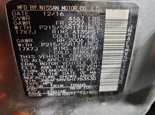 JN8AF5MV5HT753530 2017 NISSAN JUKE Gray VIN կոդի պիտակի տեսք