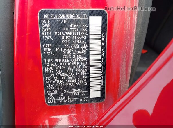 JN8AF5MV8GT653582 2016 NISSAN JUKE Red ძრავის განყოფილების ხედი