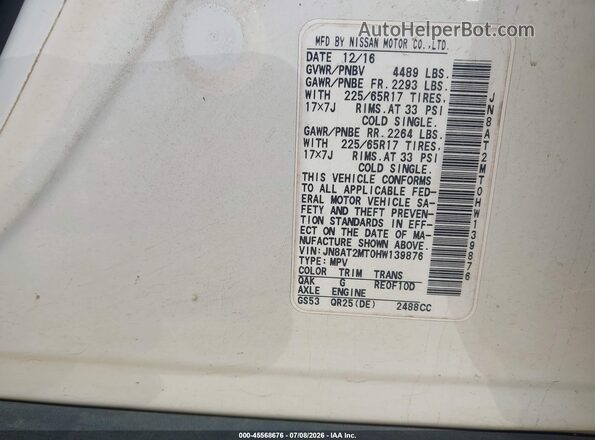JN8AT2MT0HW139876 2017 NISSAN ROGUE White Vista del compartimento del motor