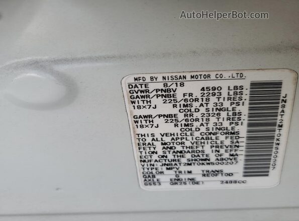 JN8AT2MT0KW500207 2019 NISSAN ROGUE White VIN կոդի պիտակի տեսք