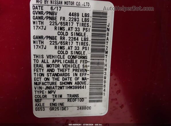 JN8AT2MT1HW399641 2017 NISSAN ROGUE Red Widok komory silnika