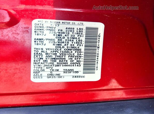 JN8AT2MT1HW404143 2017 NISSAN ROGUE Красный Вид наклейки с VIN-кодом