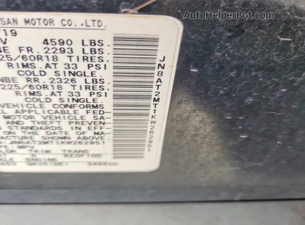 JN8AT2MT1KW262951 2019 NISSAN ROGUE Black VIN կոդի պիտակի տեսք