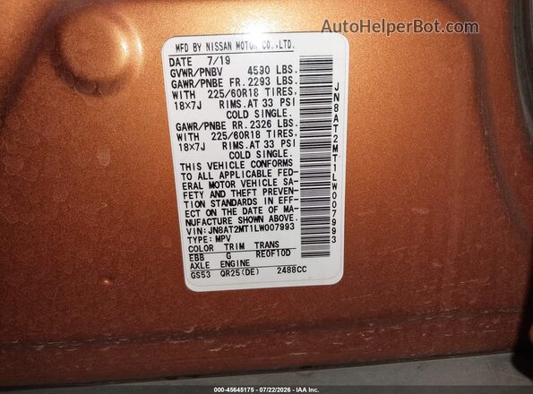 JN8AT2MT1LW007993 2020 NISSAN ROGUE Orange Engine compartment view