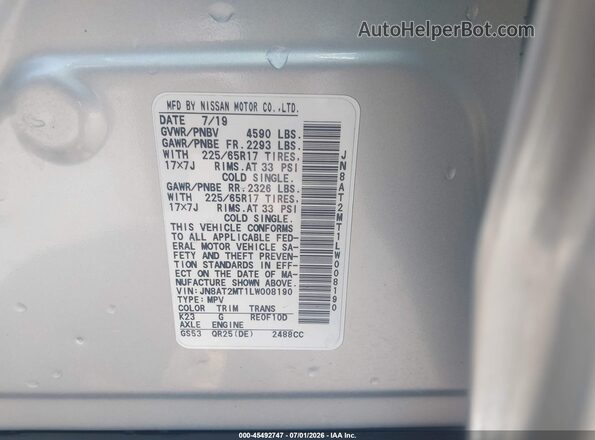 JN8AT2MT1LW008190 2020 NISSAN ROGUE Серебряный Вид подкапотного пространства