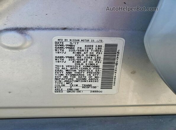 JN8AT2MT2HW149292 2017 NISSAN ROGUE Silver VIN sticker view